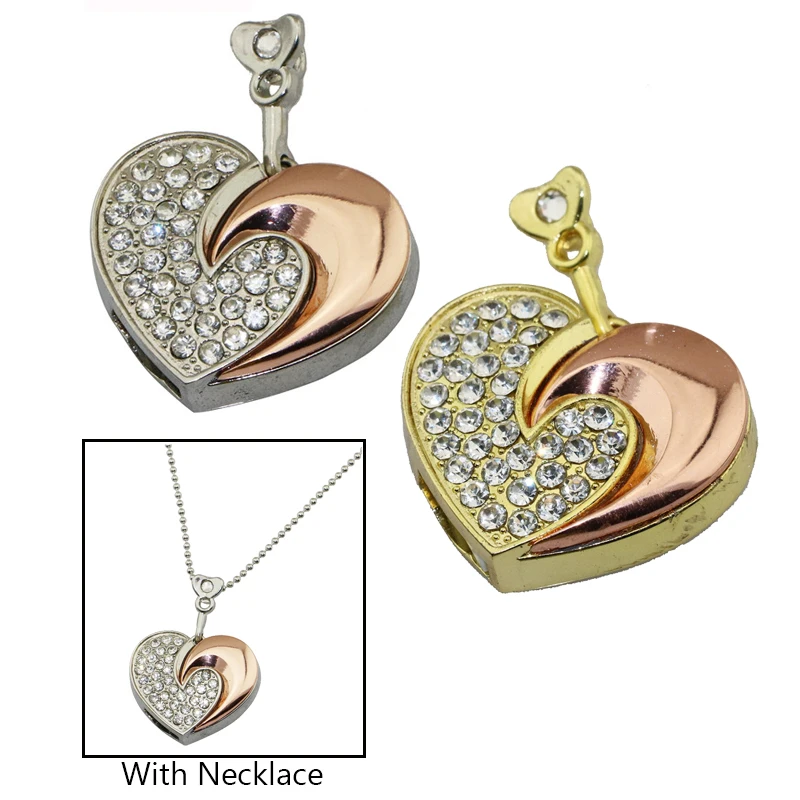 

100% Full Capacity Diamond Crystal Heart USB Flash Drive Memory Stick Pendrive 4GB/16GB/64GB Love Heart Necklace U Disk Flash