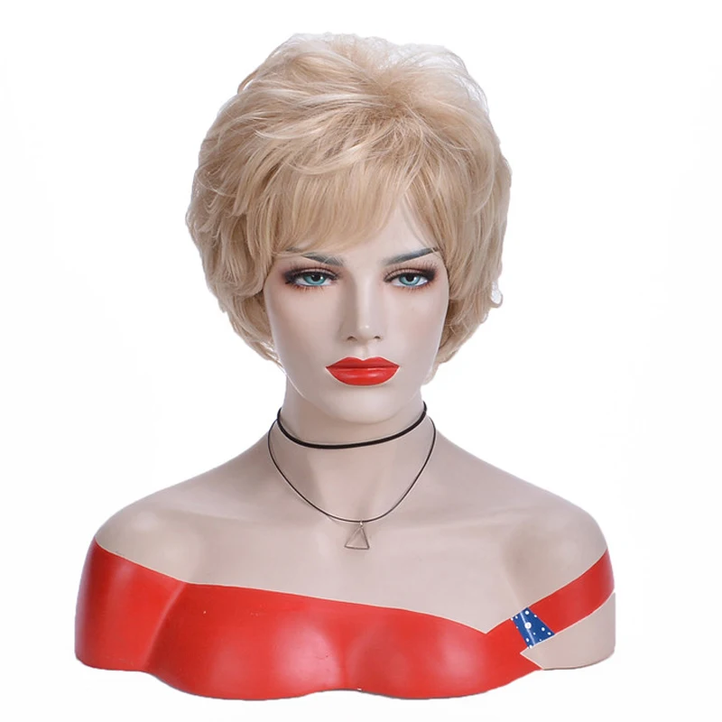 Ladies Short Blonde Curly Wig With Side Part Bangs Synthetic Wig For Women Daily Party Use