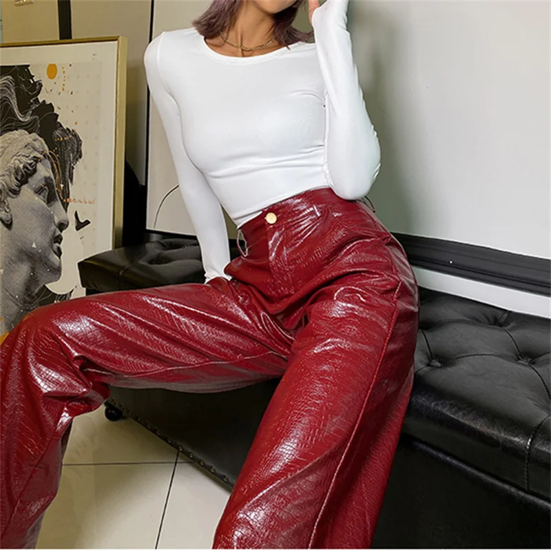 CHRONSTYLE Y2K Vintage PU Faux Leather Pants Women High Waist Button Straight-Leg Trousers Streetwear Punk Style Female Pants