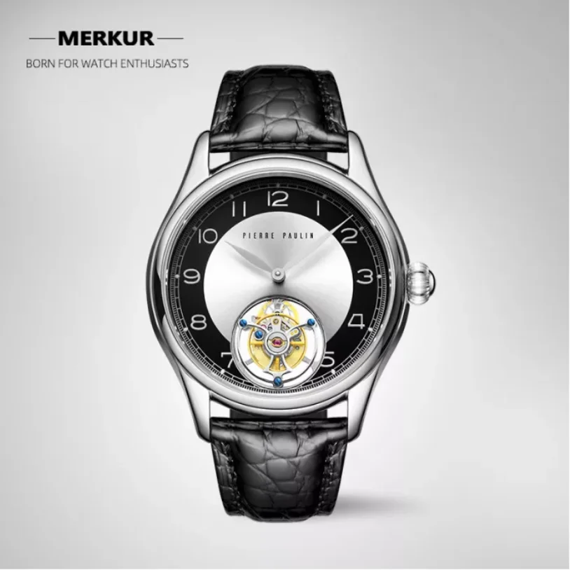 Vintage Style Flying Tourbillon MERKUR Genuine Mechanical Skeleton Mens Watch Complicated Luxury Alligator Strap Relogio