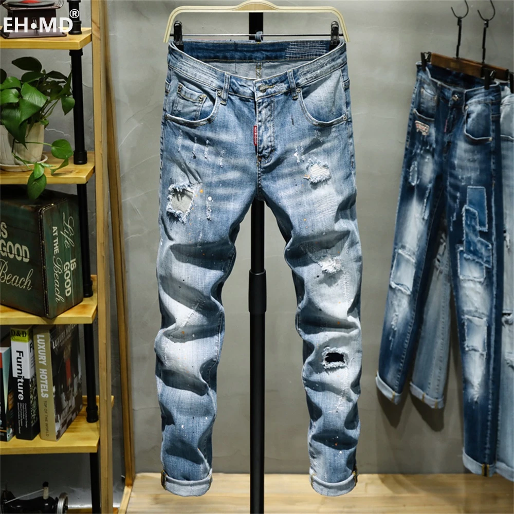 EH · MD® Hole-lined Printed Letter Jeans Men's Splash Ink Paint Dots Soft Casual Loose Cotton Elastic Trousers Mustache Red Ears