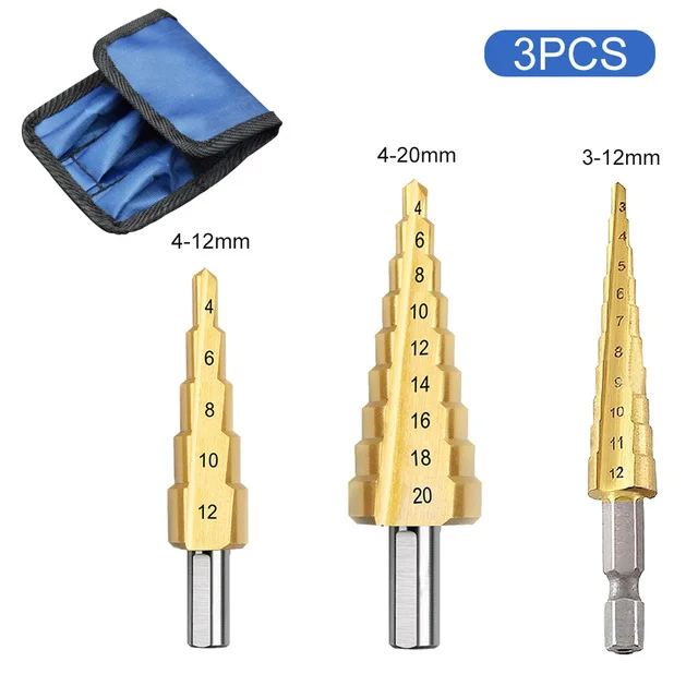 HSS Straight Groove Step Drill Bit Titanium Coated Wood Metal Hole Cutter Core Drilling Tools Set 4 Models 3-12 4-12 4-20 4-32