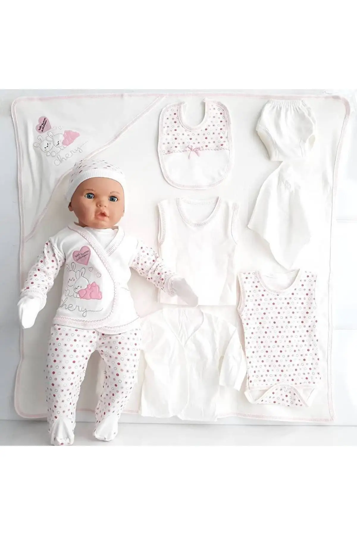 Chery Pink Heart Rabbit Polka Dot 11 Piece Newborn Hospital Output Set 0-3 Month