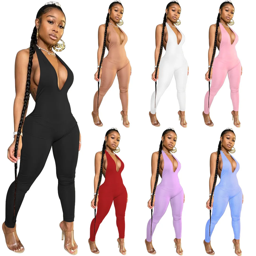 Jumpsuit Wanita Seksi Pakaian Wanita Pakaian Renang Halter V Dalam Halter Elegante Bodycon Pakaian Bermain Pesta Jumpsuit Baju Monyet Celana Panjang Perempuan