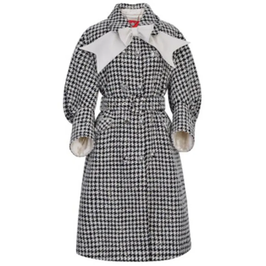 Heavy work big bow houndstooth woolen coat winter 2022 women elegant waist mid-length French style wool blends outwear