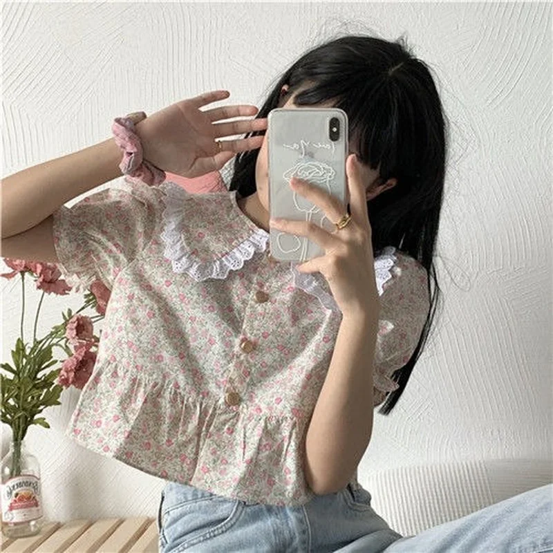 Shirts Women Preppy Style Lace Patchwork Casual All-match Popular Summer Peter Pan Collar Chic Crops Students Korean Retro Tops