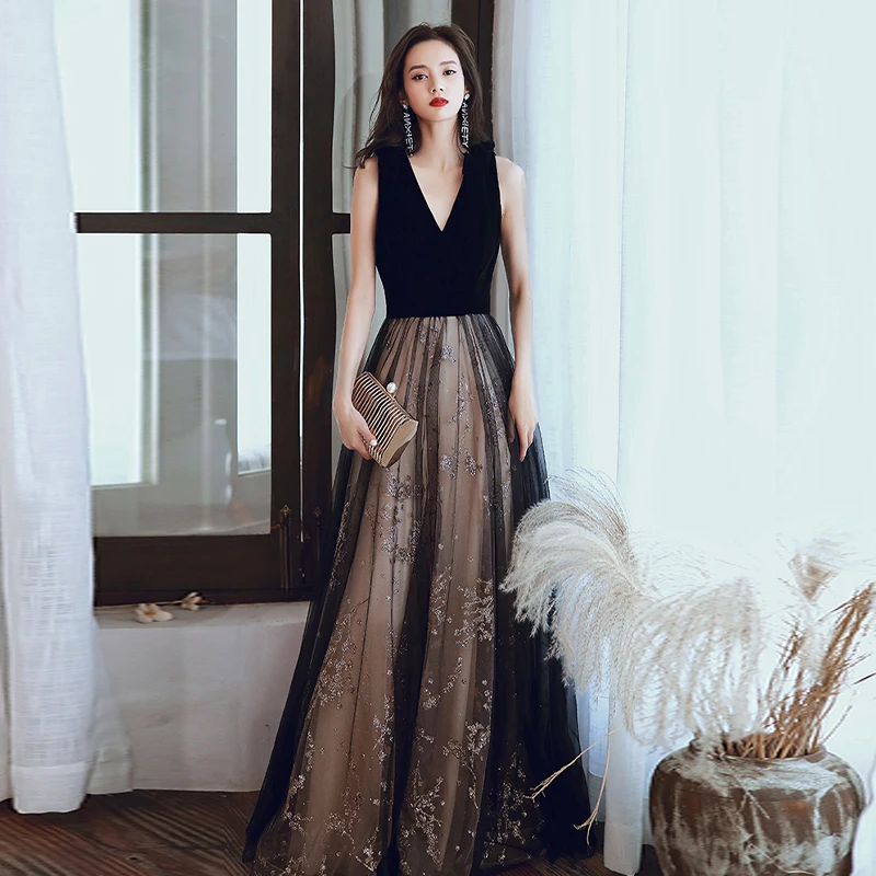 

New Luxurious Deep V-Neck Evening Dress Sequins Appliques A-Line Sleeveless Pleat Floor-Length Woman Formal Party Gowns A1553