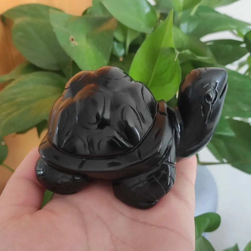 

1pcs 450- 500g Turtle Tortoise Figurine Natural Gemstone Black Obsidian Crystal Carved Statue Crafts Home Decor