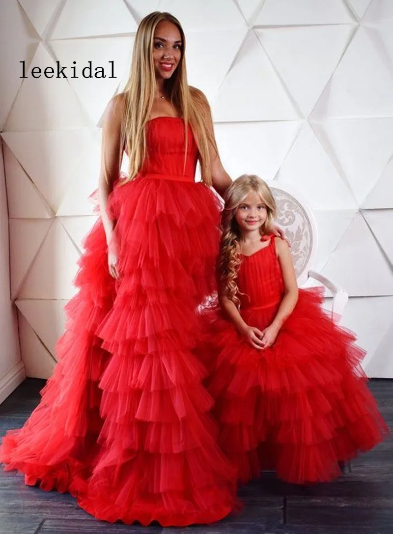 Red Mom Daughter Tulle Christmas Dresses Puffy Tulle Mother Daughter Tiered  Photography Gowns Mom Kid Matching Dresses Custom