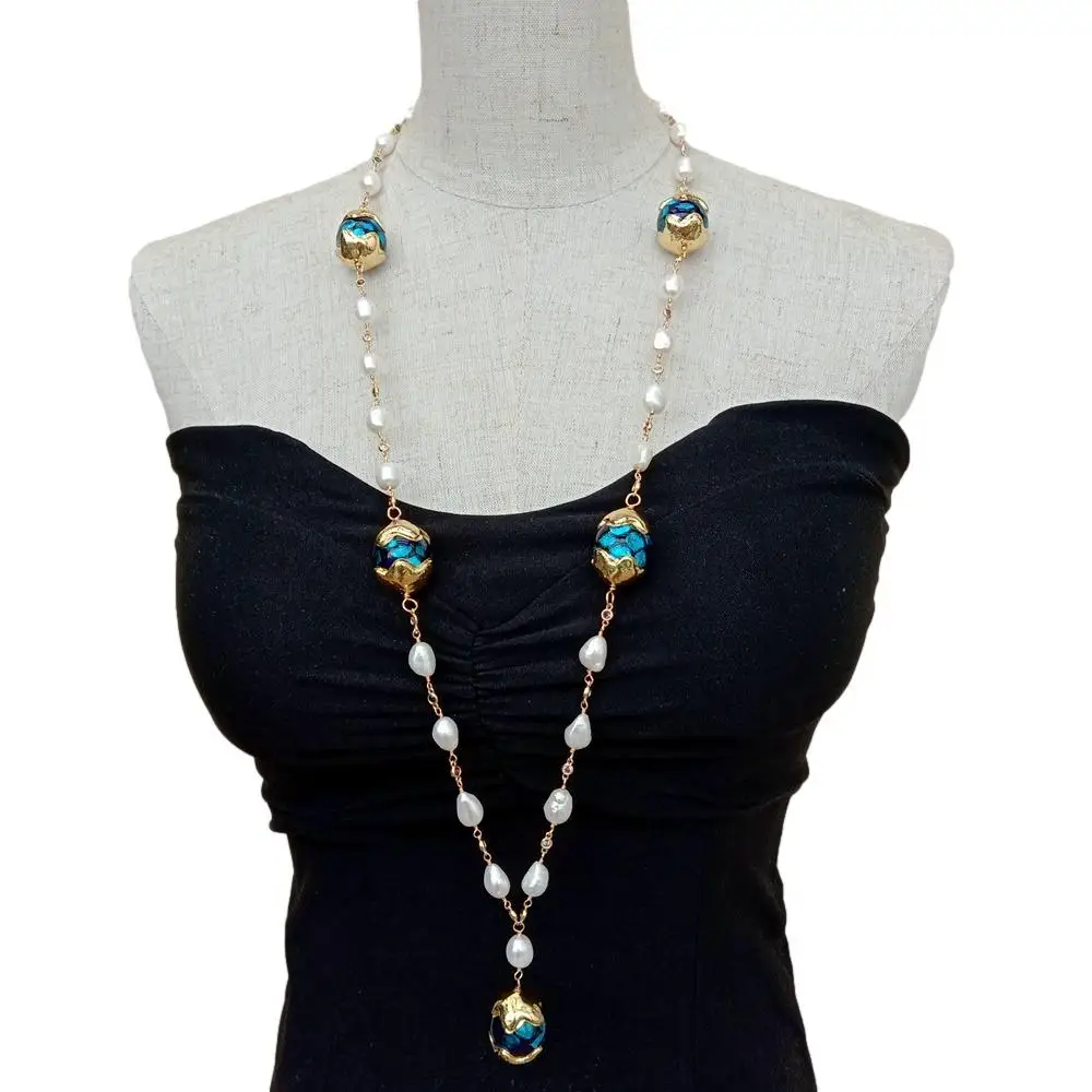 Y.YING Cultured White Baroque Pearl Blue Murano Glass Rosary Chain Long Necklace Lady Jewelry 33\