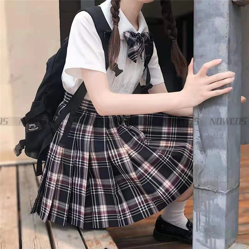 [Spade] Menina Longo/Manga Curta Verão de Cintura Alta Saias Plissadas Saias Xadrez Mulheres Vestido Para JK Uniforme Escolar Estudantes