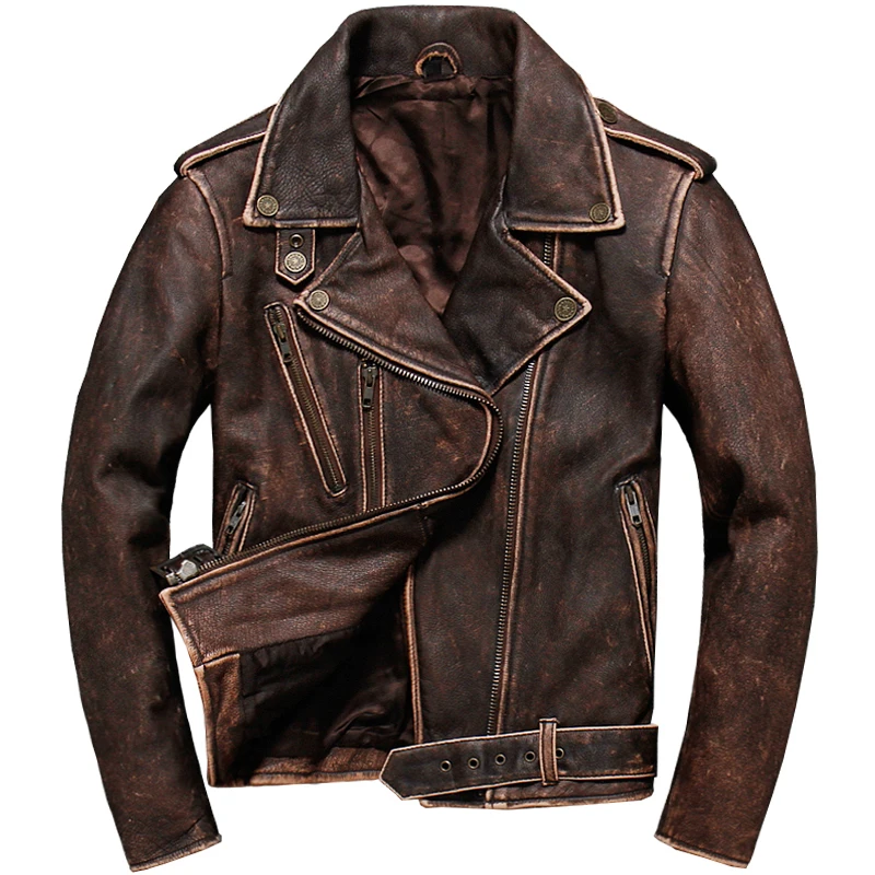 

2020 Vintage Brown Men American Biker's Leather Jacket Plus Size XXXXXL Genuine Cowhide Slim Fit Motorcycle Coat FREE SHIPPING