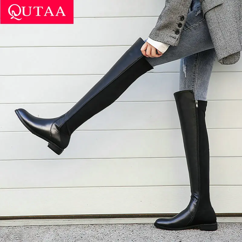 QUTAA 2022 Low Heel Women Shoes Genuine Leather Over The Knee High Boots Winter Shoes Platform Zipper Women Boots Size 34-40