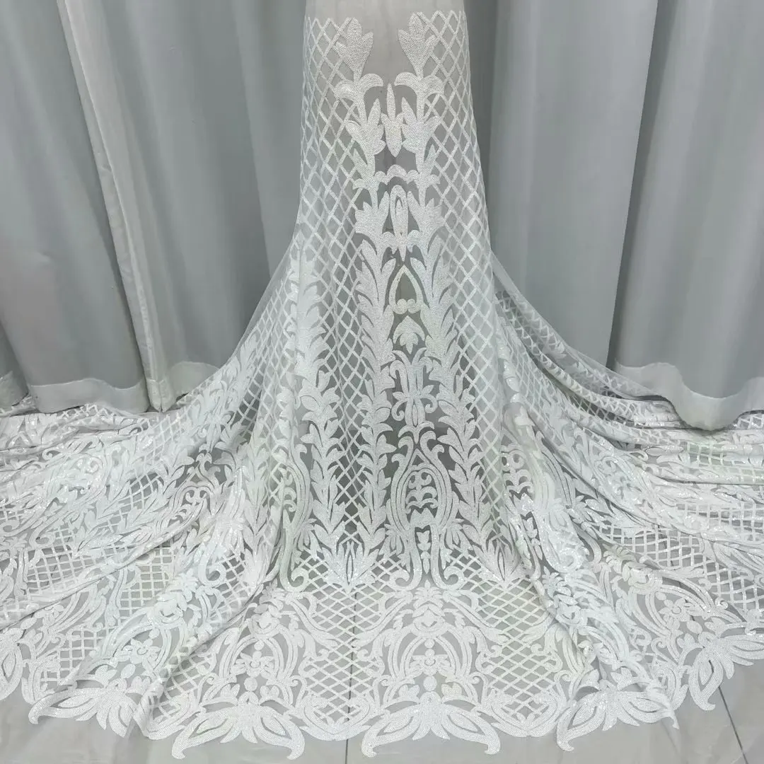 Cheap White High Quality Guangzhou French Popular Bridal Net Mesh Tulle Shining Embroidered Wedding Dresses Sequins Lace Fabrics