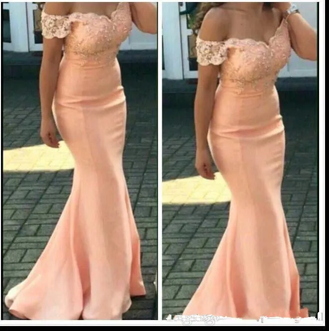 

Bridesmaid Dresses 2023 For Weddings Off Shoulder Peach Cap Sleeves Lace Appliques Mermaid Floor Length Plus Size Formal gown