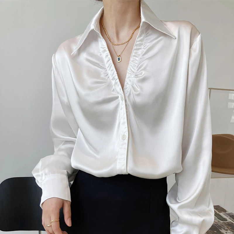 

Autumn 2021Women's blouse Elegant Loose Acetate Satin Pleated V-Neck Long Sleeved Fashion Cardigan Shirt Female Vintage Clothing