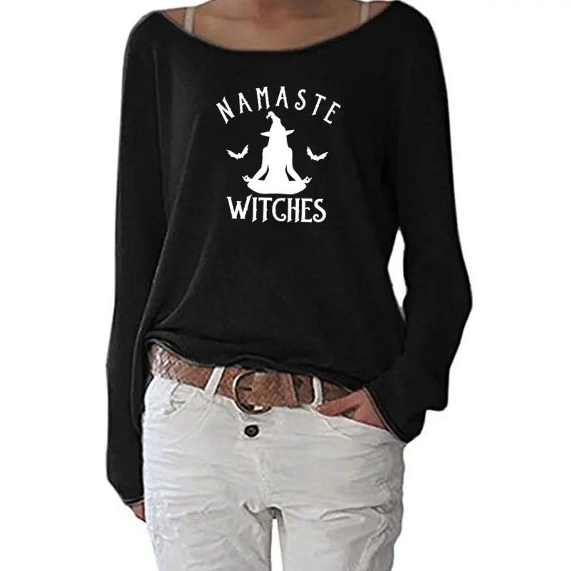 NAMASTE WITCHES Letter Print Women  Long Sleeve Funny Autumn Tops Streetwear Tshirt Women Casual Clothes