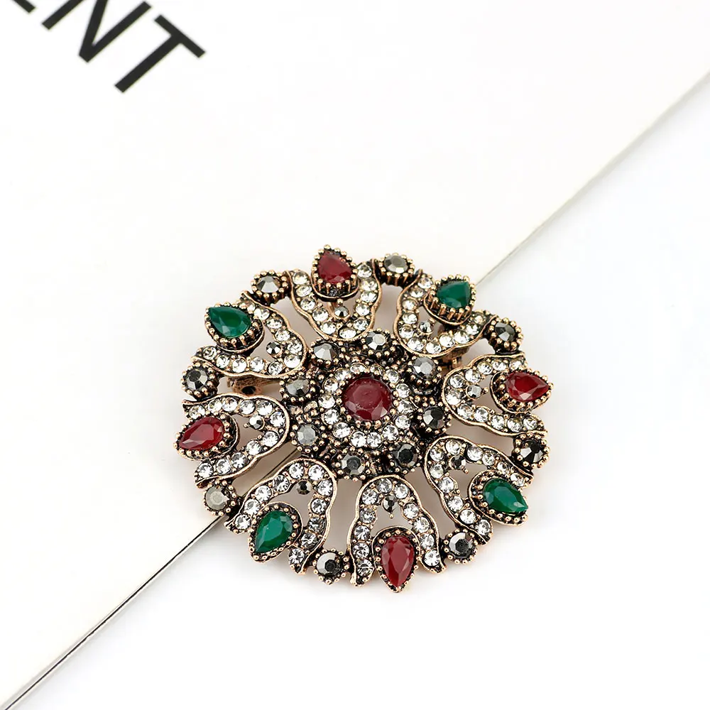 Vintage Turkish Rhinestone Flower Brooch For Women Antique Gold Color Multicolor Resin Round Brooches Broches Party Scarf Pins