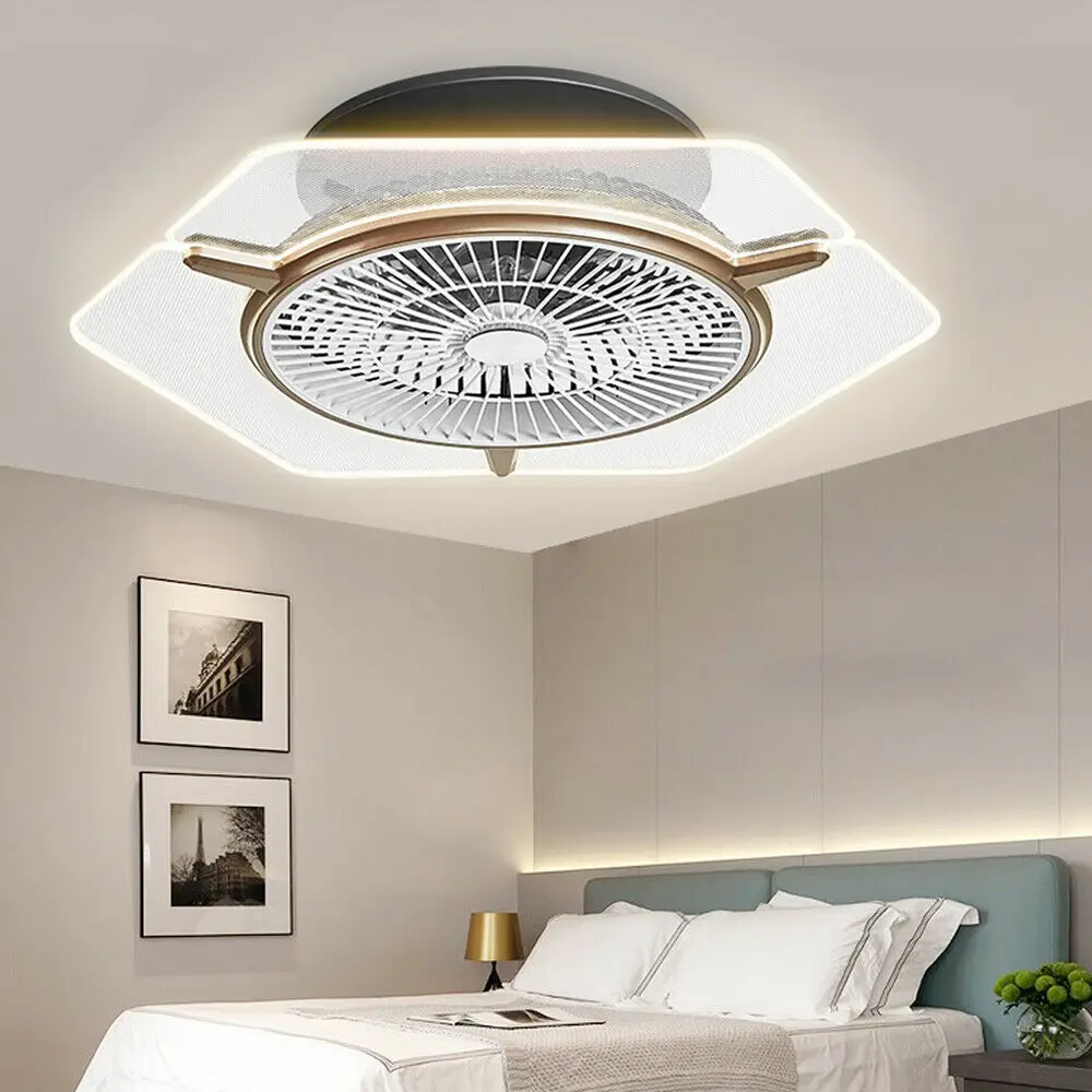 OUKANING 22'' LED Fan Light Modern Flush Mount Ceiling Lamp Remote Control Chandelier 3 Speed Settings 3 Color for Home Office