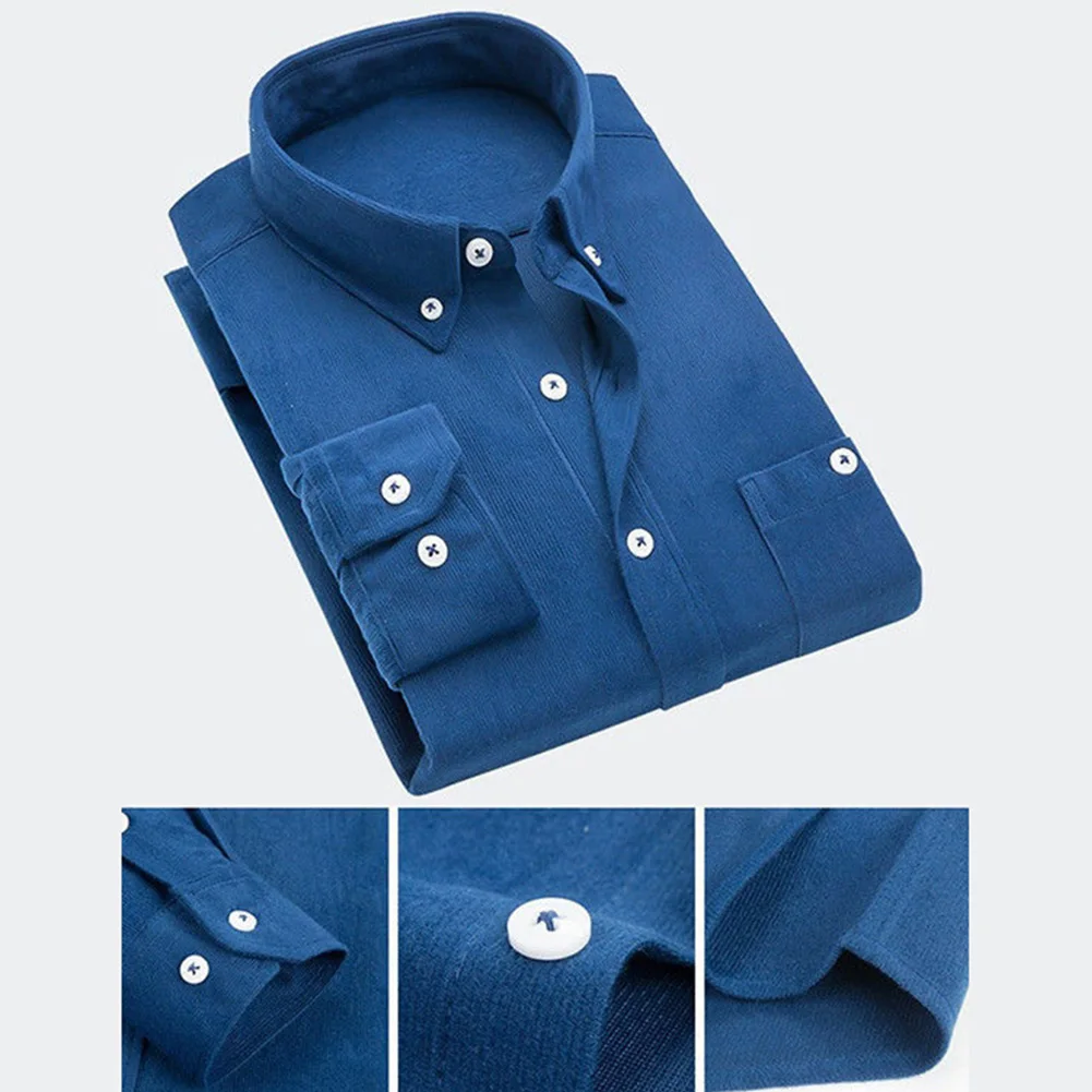 Camisa ajustada de pana para hombre, ropa gruesa de manga larga, informal, de color sólido, forro polar, invierno, 2019