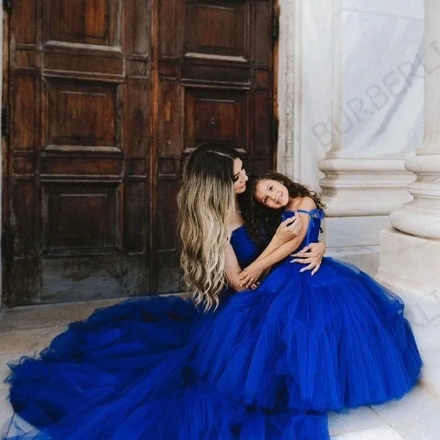 Royal Blue Mommy & Me Tulle Puffy Dress Ruffled Tiered A-line Dresses Floor Length Strapless Fromal Party Gown Custom made