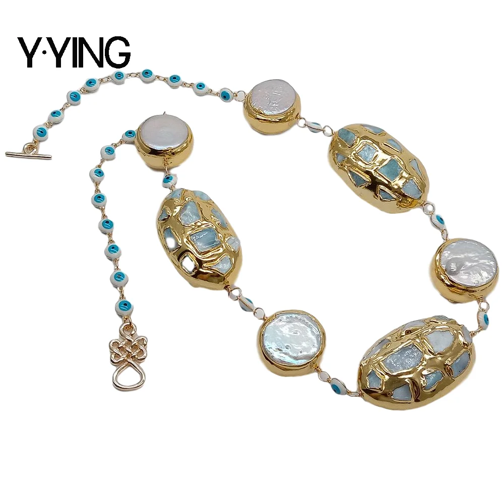 

Y·YING White Coin Pearl Blue Larimar Gold color Plated Enamel Evil Eyes Chain choker Necklace for women 21"