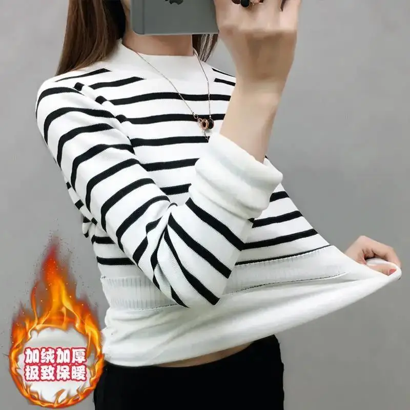 Add Velvet Thicken Women Sweater Pullover 2023 Autumn Winter New Knitted Sweatshirt Black White Striped Bottoming Shirt Fashion