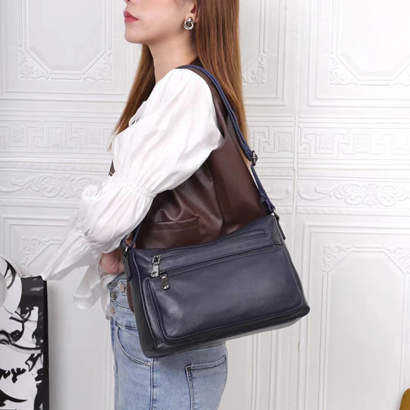 2 Zipper Compartments, Many Pockets,100% Natural Cowhide,Women GENUINE LEATHER Messenger Shoulder Bag, Female Crossbody bag A526