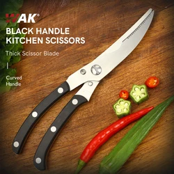 WAK Kitchen Power Scissors for Fish Meat Cutting Stainless Steel Shear Chicken Bone Scissors Black Handle Scissors Festival Gift