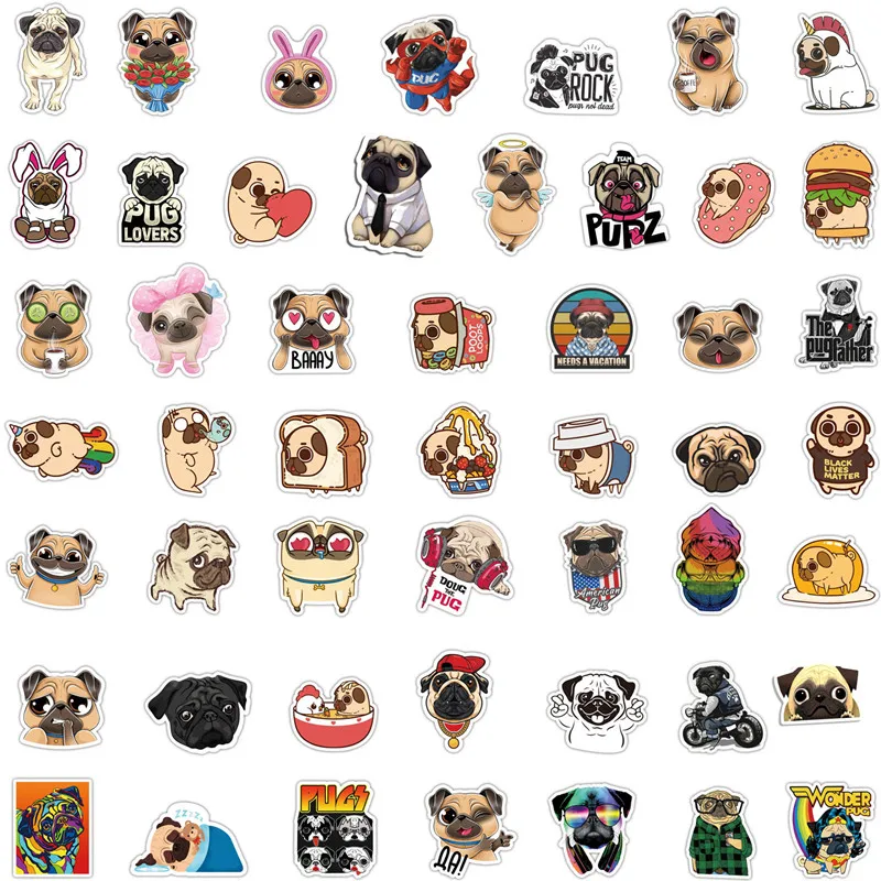 50pcs Funny Pug Dog Graffiti Stickers Waterproof 3D Fashion Laptop Windows Motorcycle Surfboard Car Decals