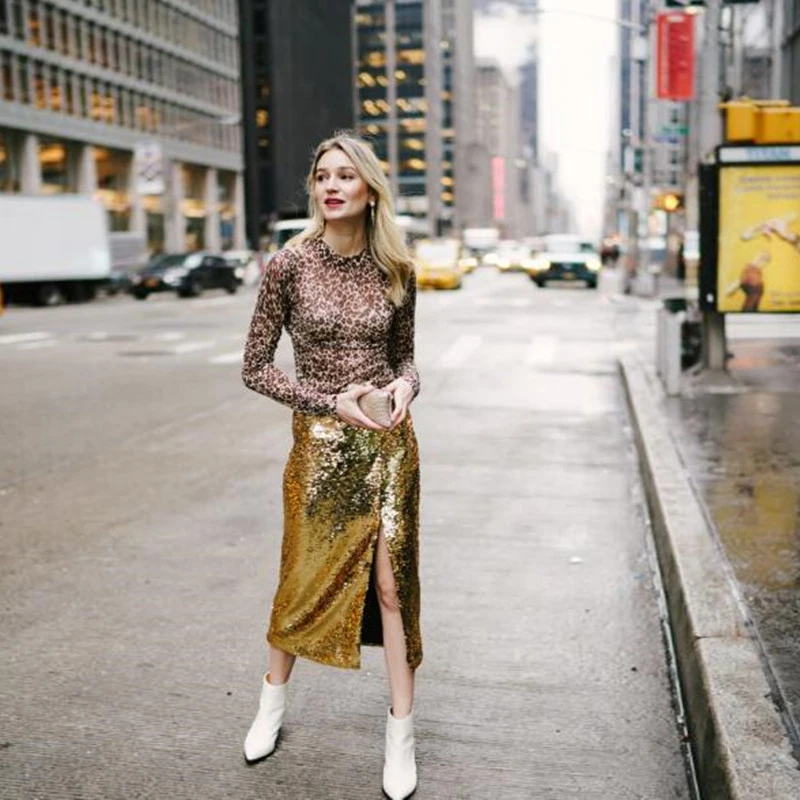 

Женская юбка-карандаш, блестящая юбка до щиколотки с разрезом по бокам, на молнии, любой цвет, 2019