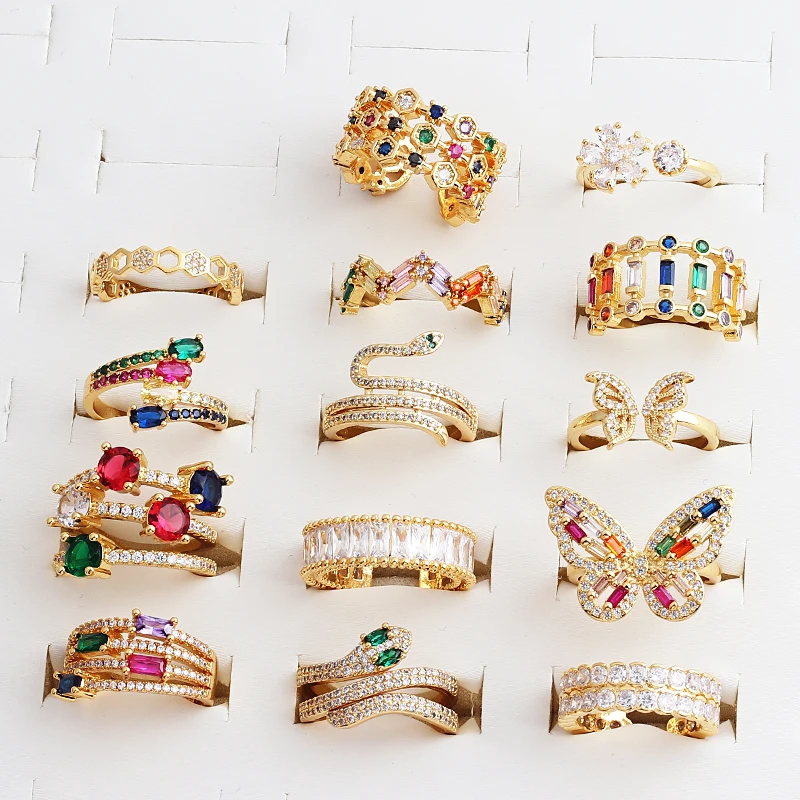 Square Snake Design Gold Color Baguette Rings For Women Men party gift charm Multicolor CZ Finger Rainbow Zircon HIp hop Jewelry