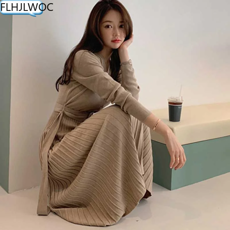 Chic Korea Feminine Vestidos Hot Sales Women Fashion Elegant Lady Turtleneck Belt Knitted Sweater Shirt Dress