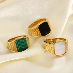 Vintage Luxury Stone Ring Women Inlay Malachite Shell Square Lady Ring Fashion Stainless Steel Ins Style Jewelry Gifts