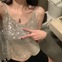 Camisoles Women Summer Temperament Trendy Clothes Simple V-neck Sequined Design Sexy Club Aesthetic Crop Top Ladies Korean Style