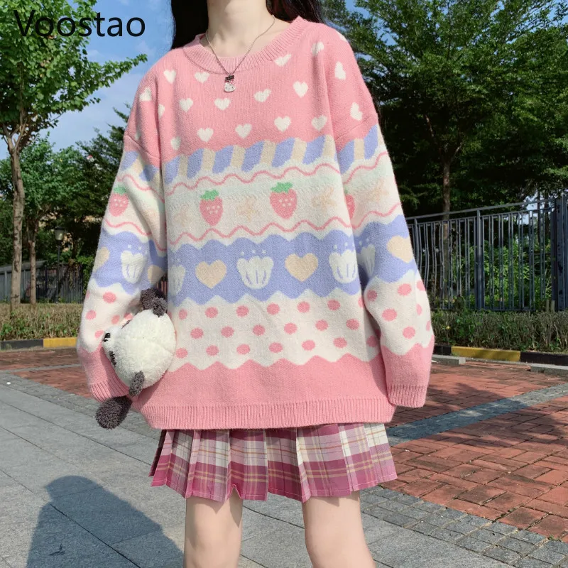 Autumn Winter Knitted Women Sweet Strawberry Print Pullovers Spring Fashoin Girls Japanese Style Casual Loose Sweaters Outwear