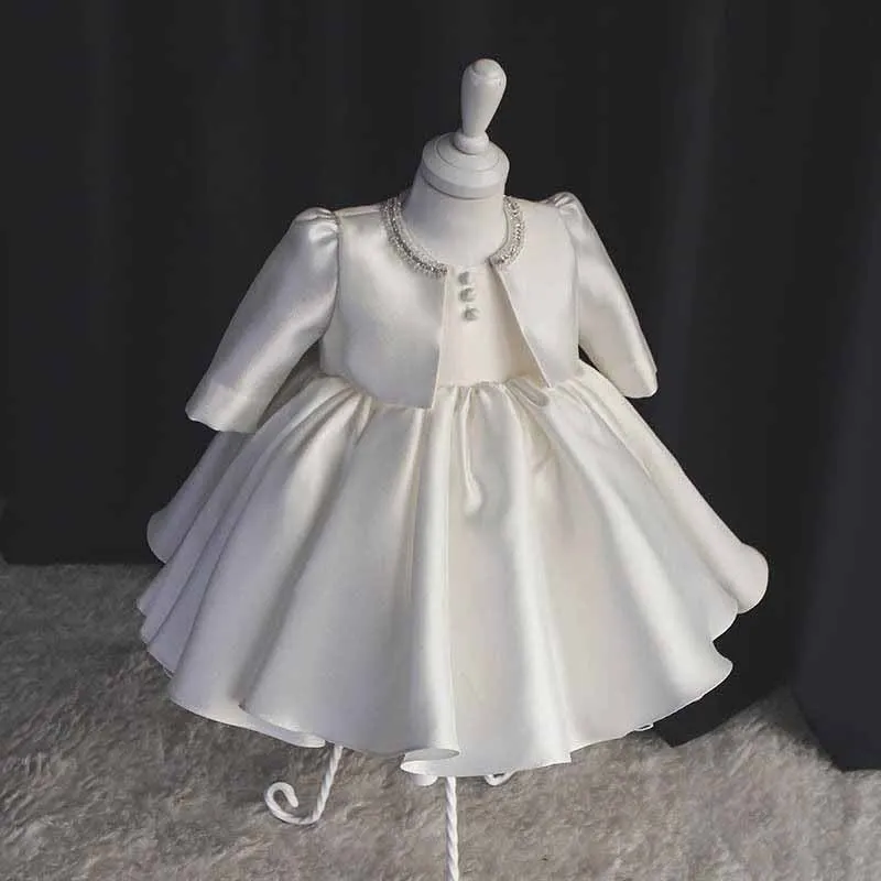 2Pcs Children First Birthday Party Dresses For Baby Girls Princess White Gown Infant Wedding Vestidos Kids Bow Dress with Coat