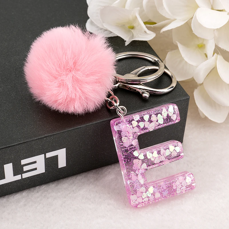 1PC  Woman Keyring Pink Color English Letter Resin Keychain with Puffer Ball 26 Words  A TO Z Handbag Charms
