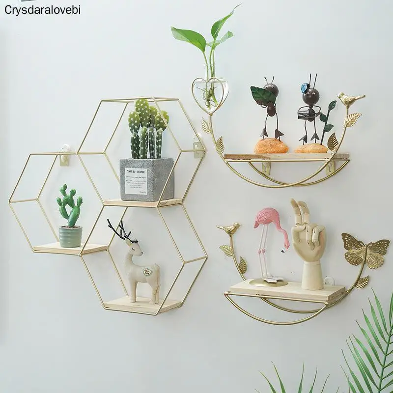 

Nordic Gold Decor Shelves Creative 3D Punch-Free Wall-Mounted Shelf Living Room Metal Wall Storage Racks Hanging Home DIY Decor