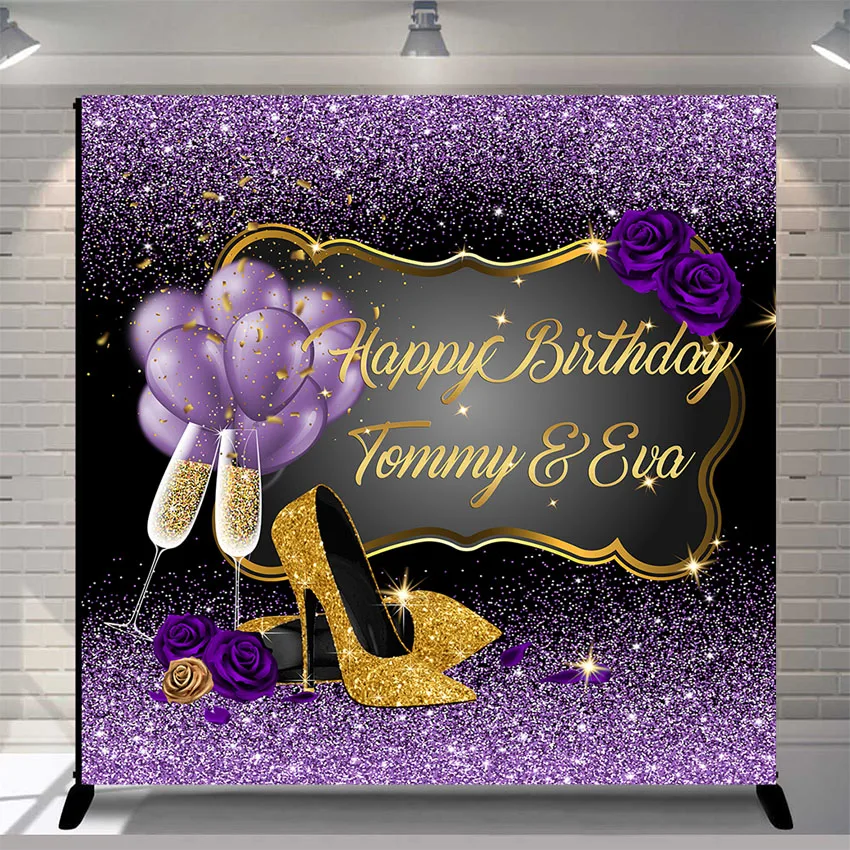 Women Birthday Party Banner Backdrop Purple Gold Glitter High Heel Balloon Background Custom Birthday Decoration Photocall