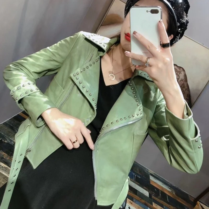 

Women Fashion Candy Colors Punk Rivets 100% Sheepskin Coat Orange Green Biker Female Slim Fit Short Belted Real Leather Jacket