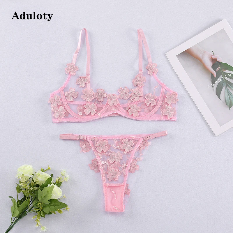 

Best selling New Women's lace embroidered underwear thin mesh see-through sexy erotic lingerie underwire gather bra thong set