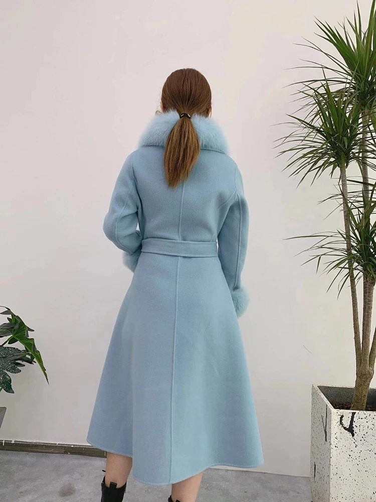 Ladies Women Winter Handmade Double Side 100% Woolen Real Fox Fur Collar Long Thick Warm Female Wool Coat