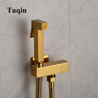 Hand Held Bidet Sprayer Douche Toilet Kit Bidet Faucet  Gold Brass Square Shattaf Shower Head Copper Valve Set Jet Bidet Faucet