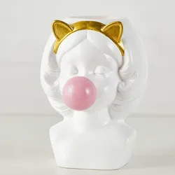 Nordic Style Resin Human Face Vase Cute Girl Bubble Gum Decorative Flower Pot Succulent Flower Pot Home Tabletop Decor