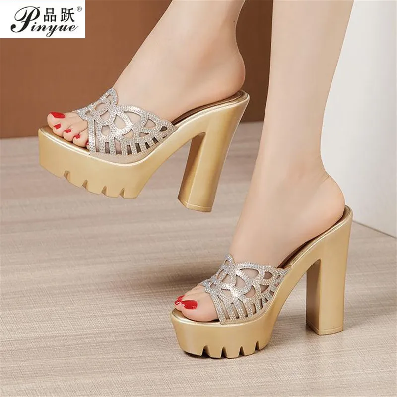 Platform Slippers Women Wedding Shoes Summer 2021 High Heels Slides Ladies Slippers Gold Black, silver Plus Size 32-43