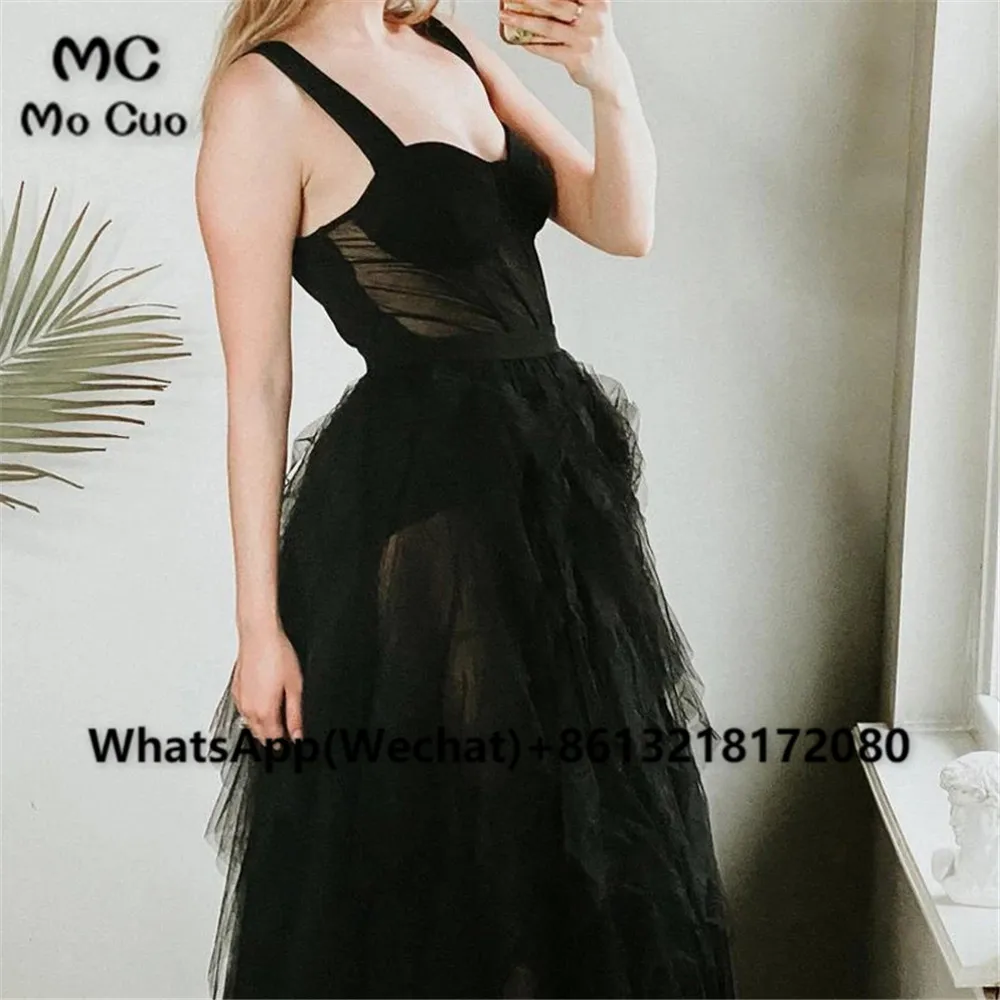 2021 Vrouwen Sweetheart Hals Slip Homecoming Jurk Zwart Tiered Backless Illusion Bustier Jurk Tule Cocktail Gown Party Dress