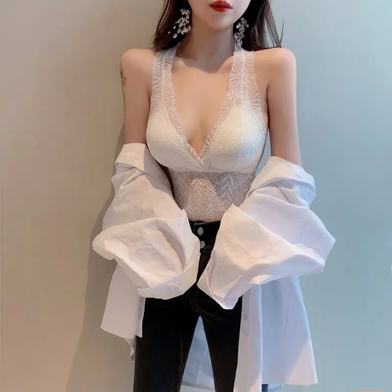 Women Sexy Lace Crop Top Crop Sleeveless Cropped Vest Slim Sling White Tank Top Low Cut Party Club Camisole High Elastic Camis