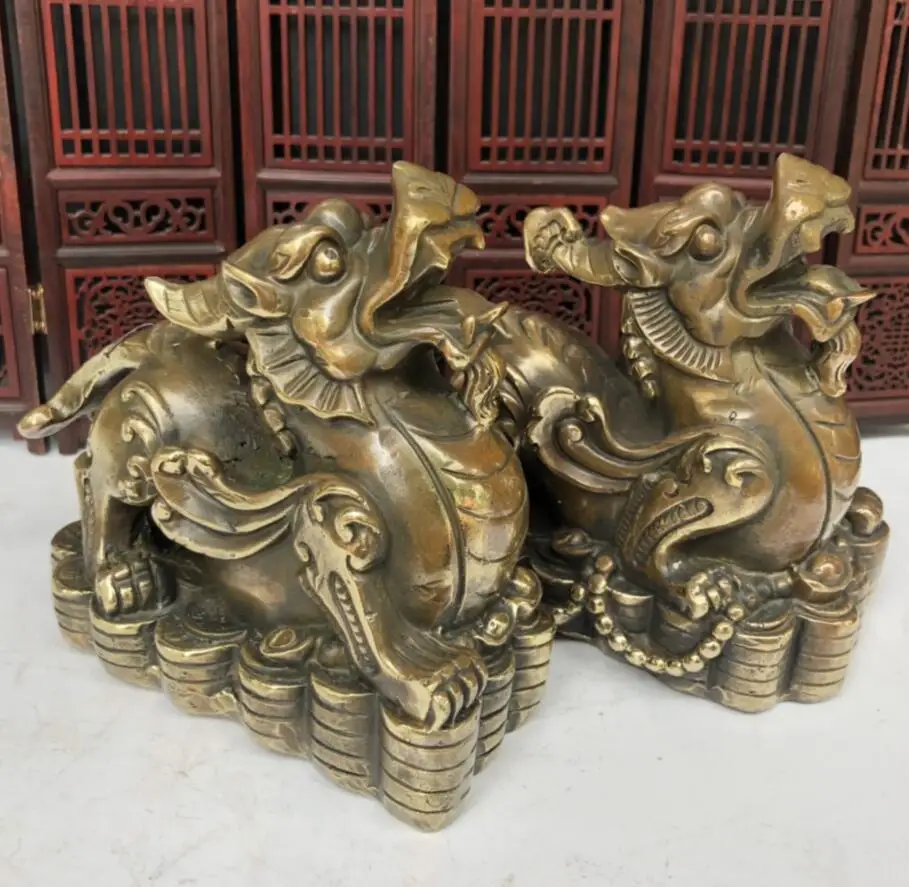 Archaize Brass Recruit Wealth Feng Shui Mythical Wild Animal Home Decoration Crafts Statue A Pair