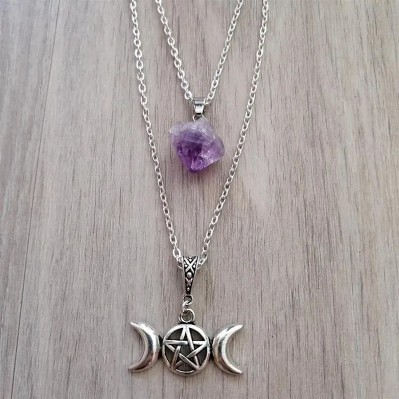 Purple Stone Chain Pentacle Necklace Triple Moon Natural Stone Pendant Wicca Witchy Witch Pagan Esoteric Gothic 2021 Women Gift